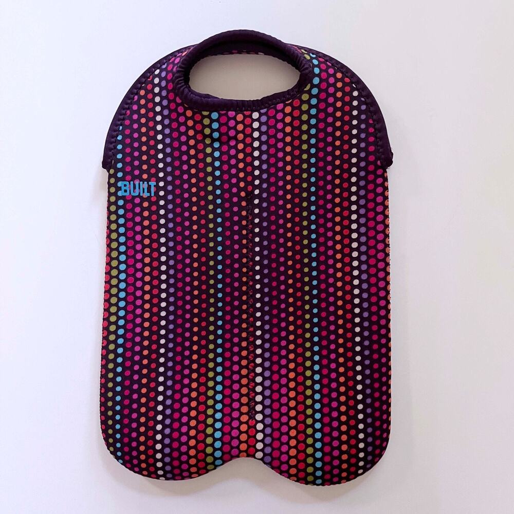 Built Two-Bottle Insulated Wine Cooler Tote Sleeve Multi-Color Polka Dot Fabric